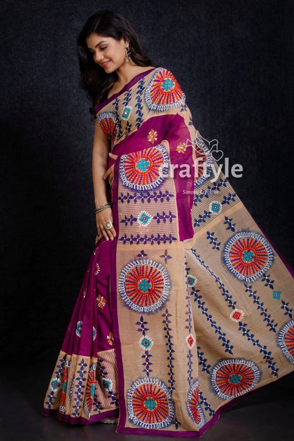 Magenta gujrati stitch handloom cotton saree woman purple beige embroidered saree 2