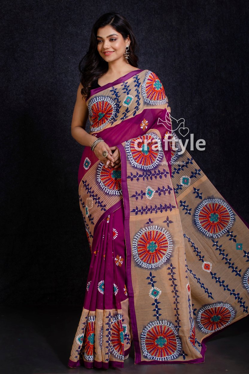 Magenta Gujrati Stitch Handloom Cotton Saree-Craftyle