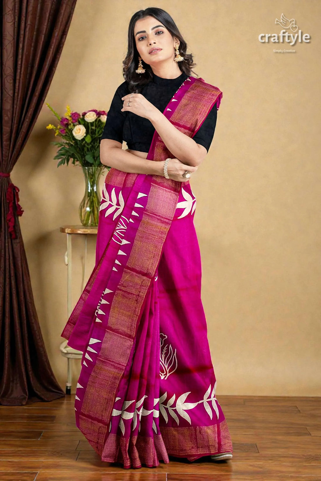 Magenta hand block print pure tussar silk saree with zari border - beautiful and unique vibrant magenta saree intricate