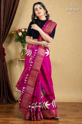 Magenta hand block print pure tussar silk saree with zari border - beautiful and unique vibrant magenta saree intricate