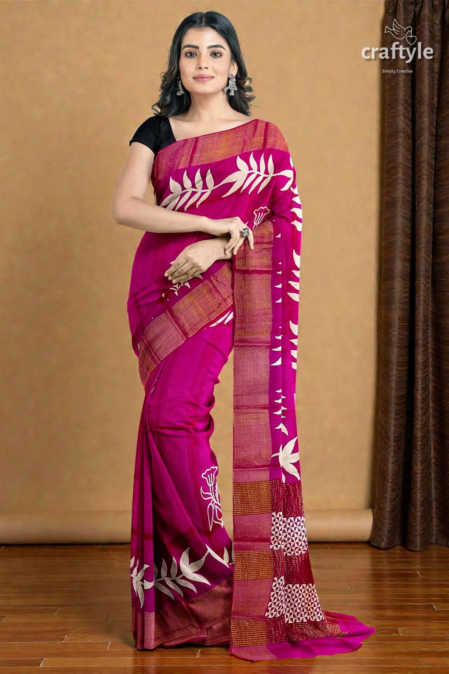 Magenta hand block print pure tussar silk saree with zari border - beautiful and unique vibrant magenta saree white