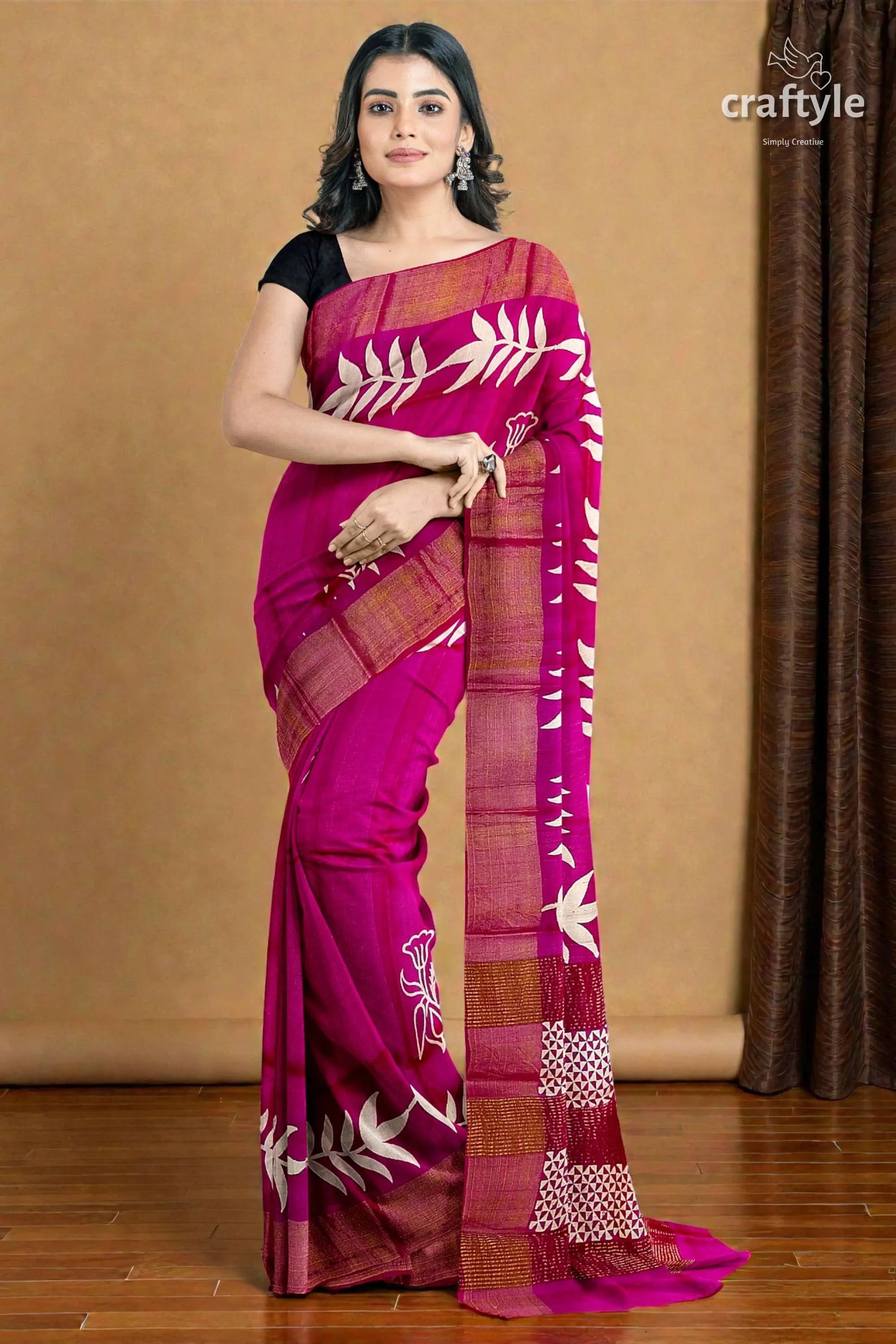 Magenta hand block print pure tussar silk saree with zari border - beautiful and unique vibrant magenta saree white
