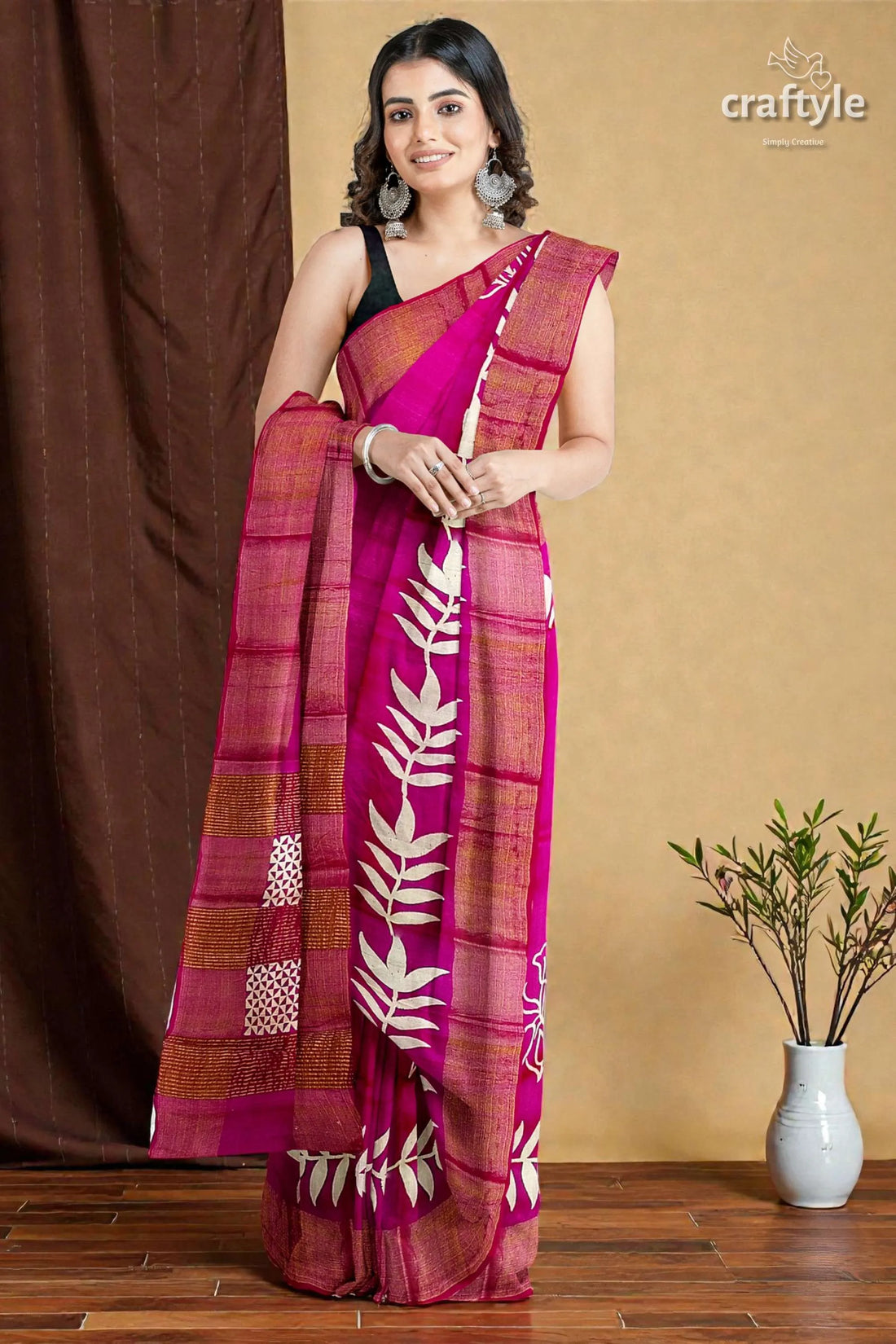 Magenta hand block print pure tussar silk saree with zari border - beautiful and unique vibrant magenta saree intricate