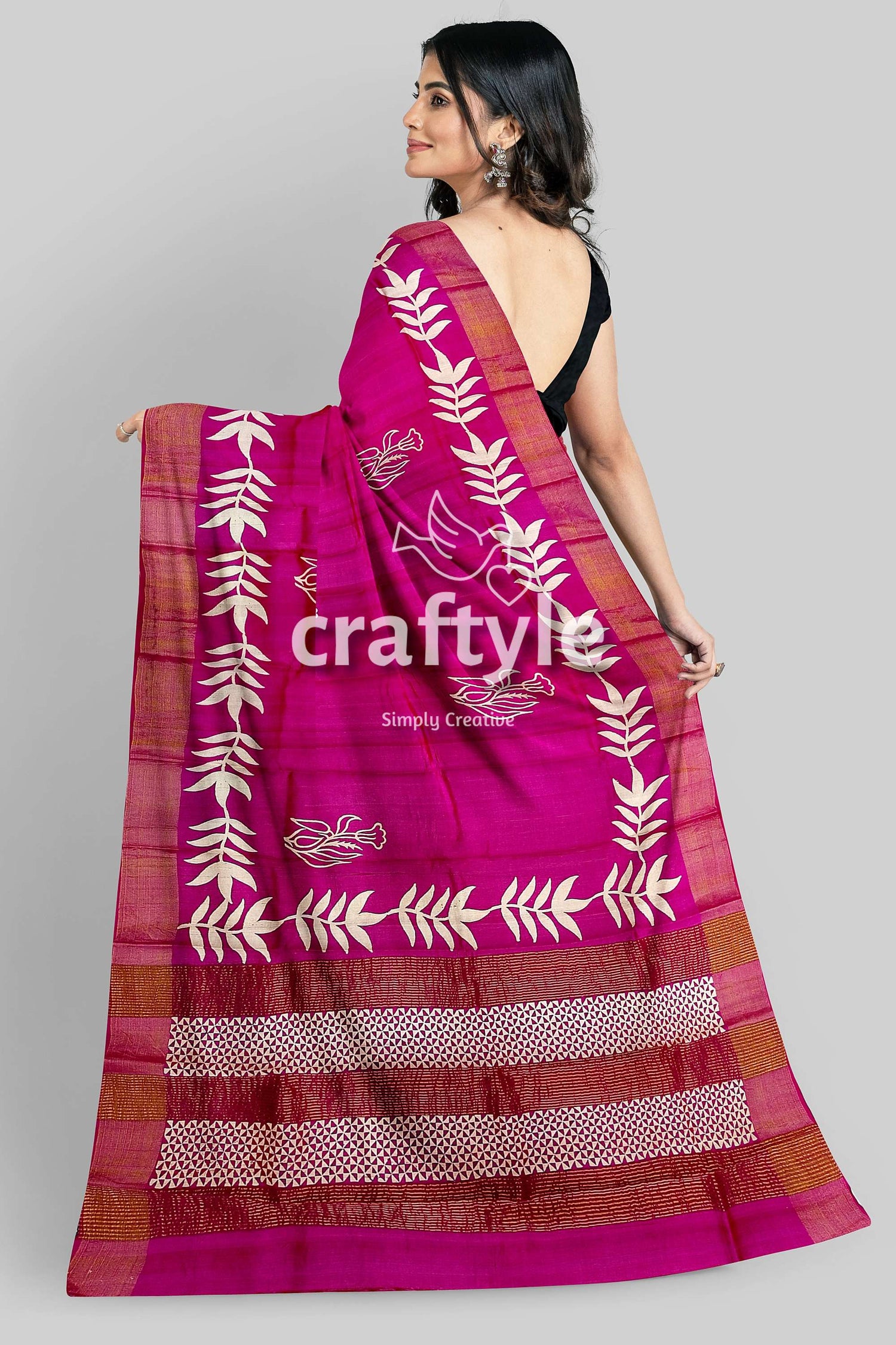 Magenta Hand Block Print Pure Tussar Silk Saree with Zari Border - Beautiful and Unique - Craftyle