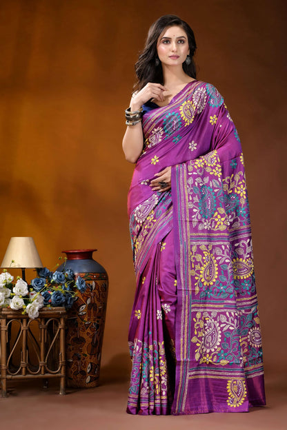 Magenta paisley design handcrafted kantha embroidery silk saree vibrant purple silk saree adorned 6