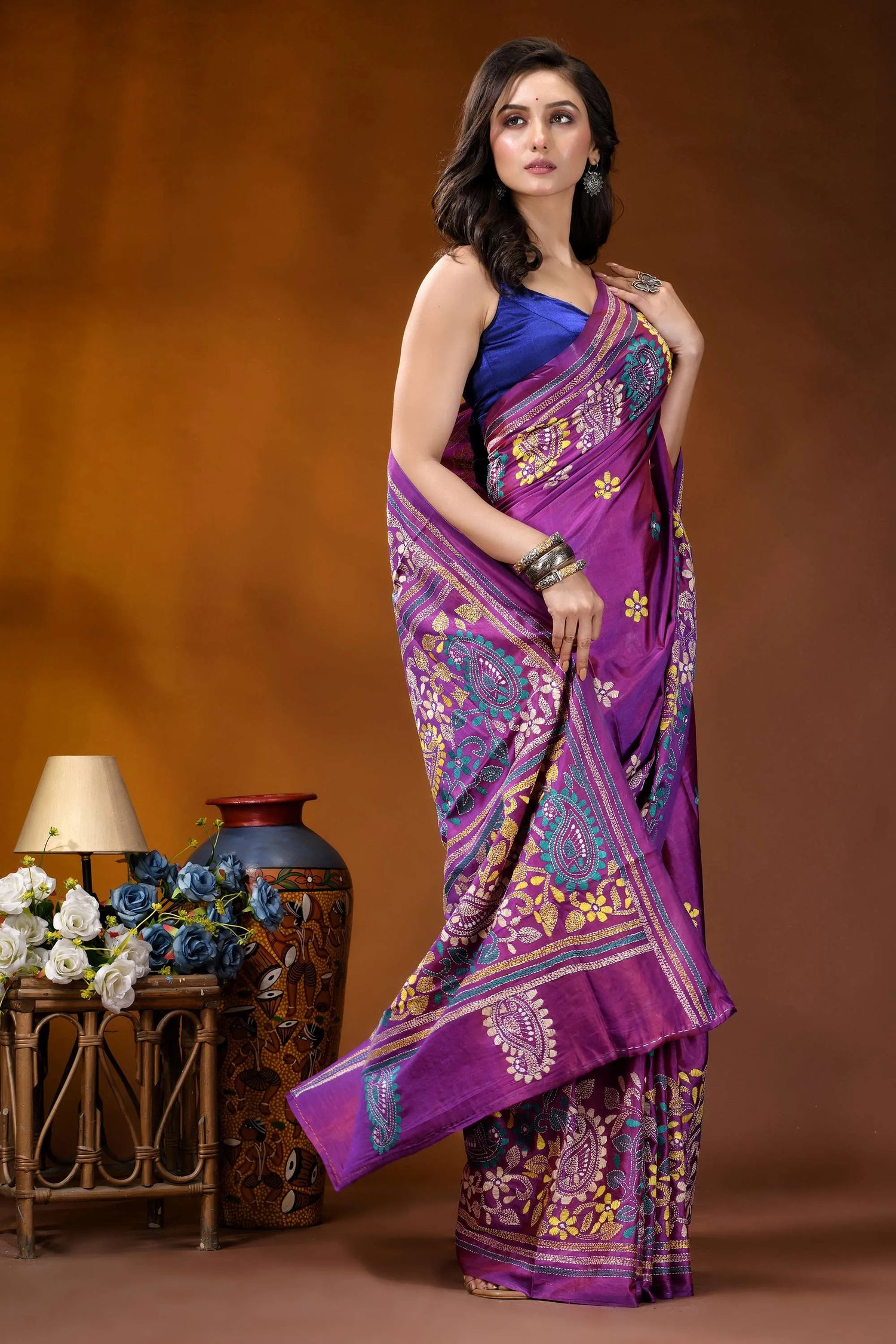 Magenta paisley design handcrafted kantha embroidery silk saree woman wears vibrant purple saree 4