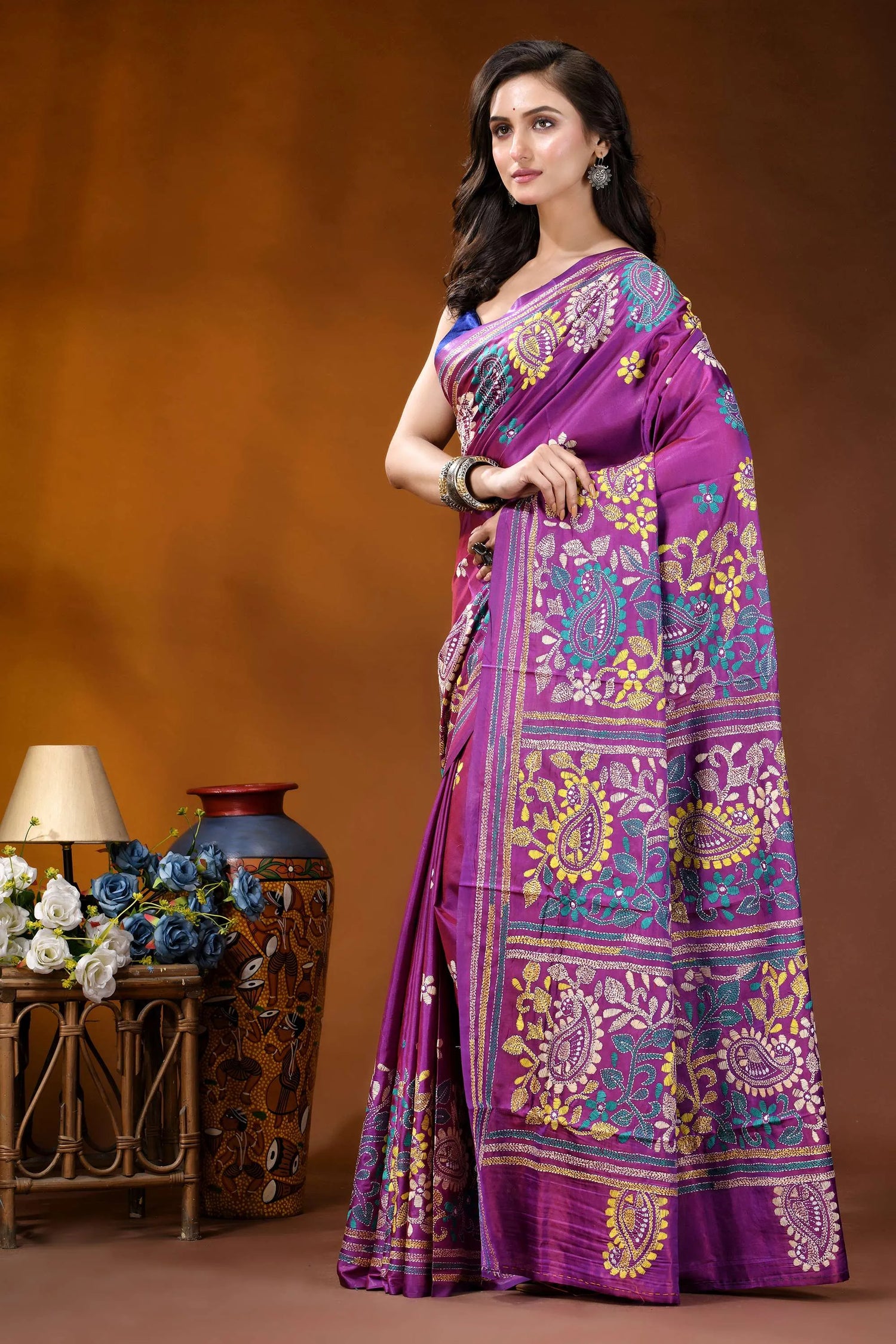 Magenta paisley design handcrafted kantha embroidery silk saree vibrant purple saree adorned intricate 3