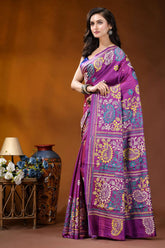 Magenta paisley design handcrafted kantha embroidery silk saree vibrant purple saree adorned intricate 3