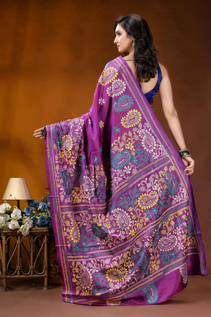 Magenta paisley design handcrafted kantha embroidery silk saree vibrant purple silk saree adorned 5