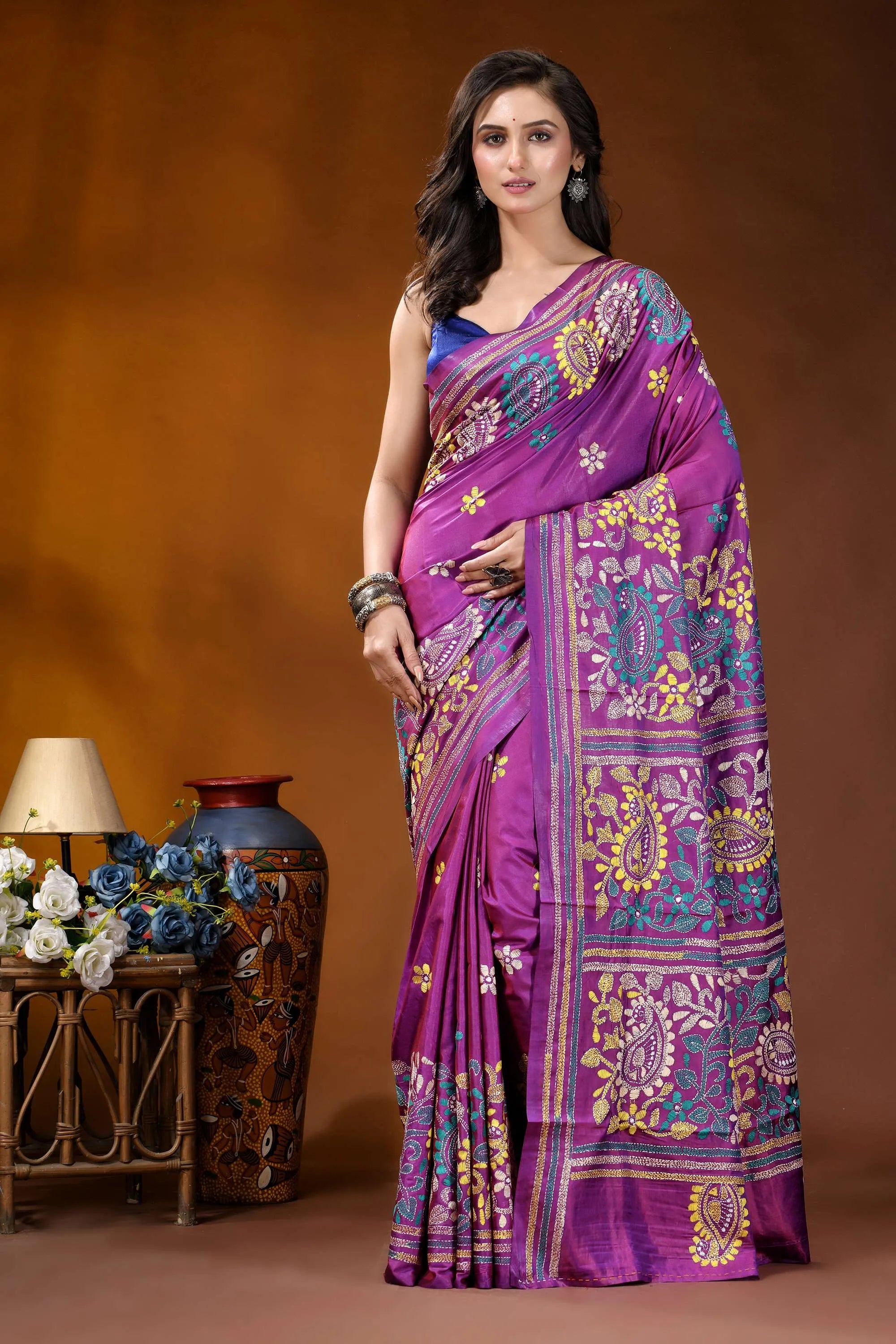 Magenta paisley design handcrafted kantha embroidery silk saree vibrant purple silk saree adorned 1