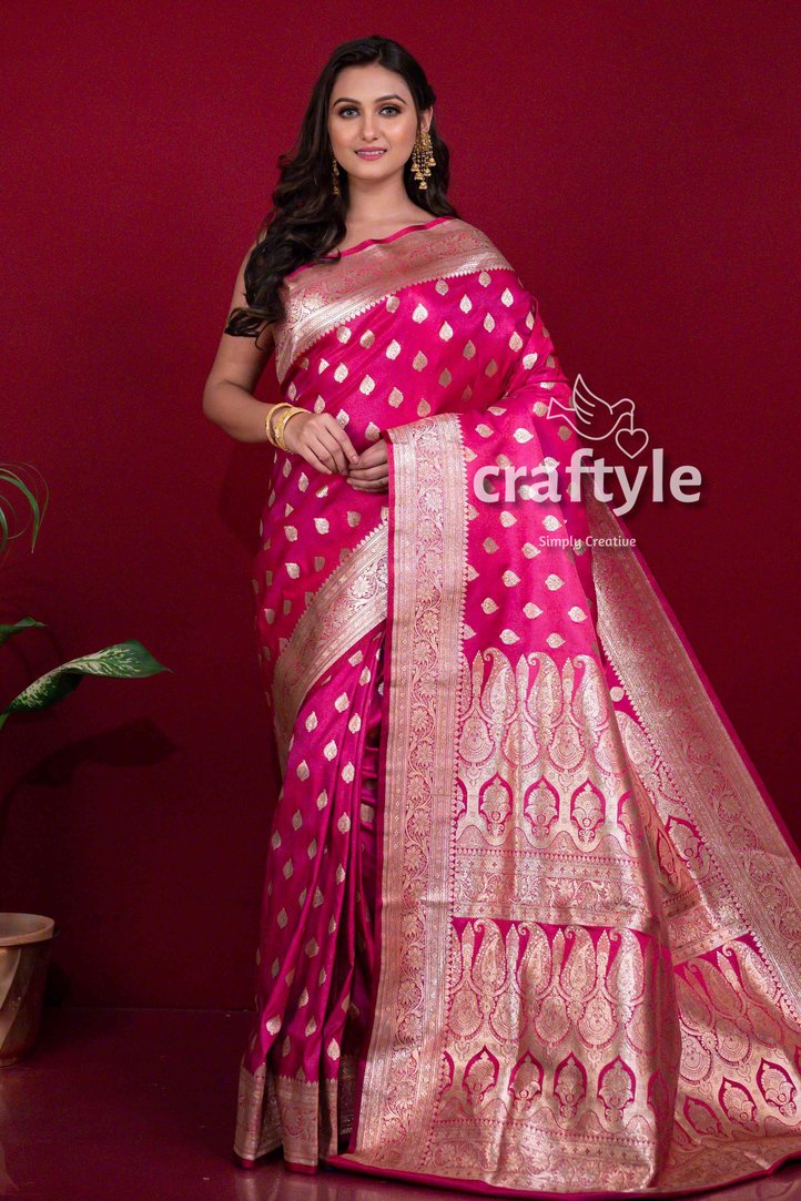 Magenta Pink Banarasi Silk Saree with Blouse Piece - Craftyle