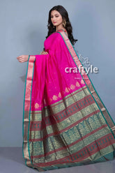 Magenta pink blended silk bomkai saree with blouse piece pink saree green gold border 4