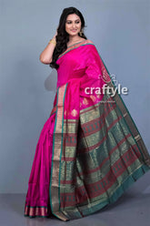 Magenta pink blended silk bomkai saree with blouse piece pink saree green gold border 3
