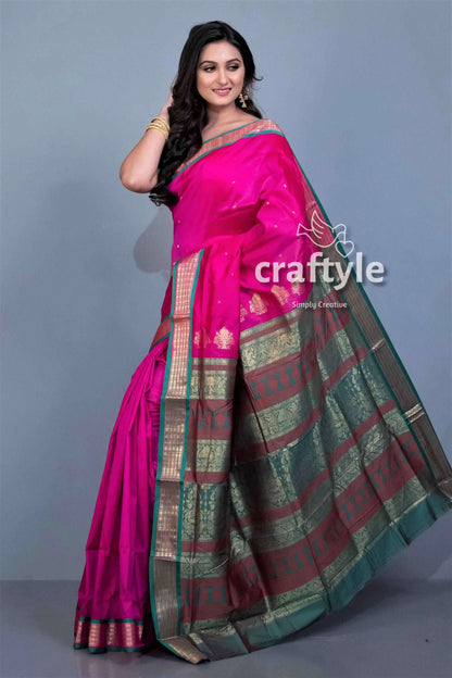 Magenta pink blended silk bomkai saree with blouse piece pink saree green gold border 3