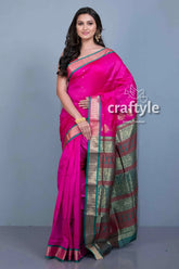 Magenta pink blended silk bomkai saree with blouse piece pink silk saree gold green 1