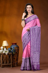 Magenta pink ethnic design kutch embroidered dyed silk saree with mirror work woman wears vibrant pink purple 6