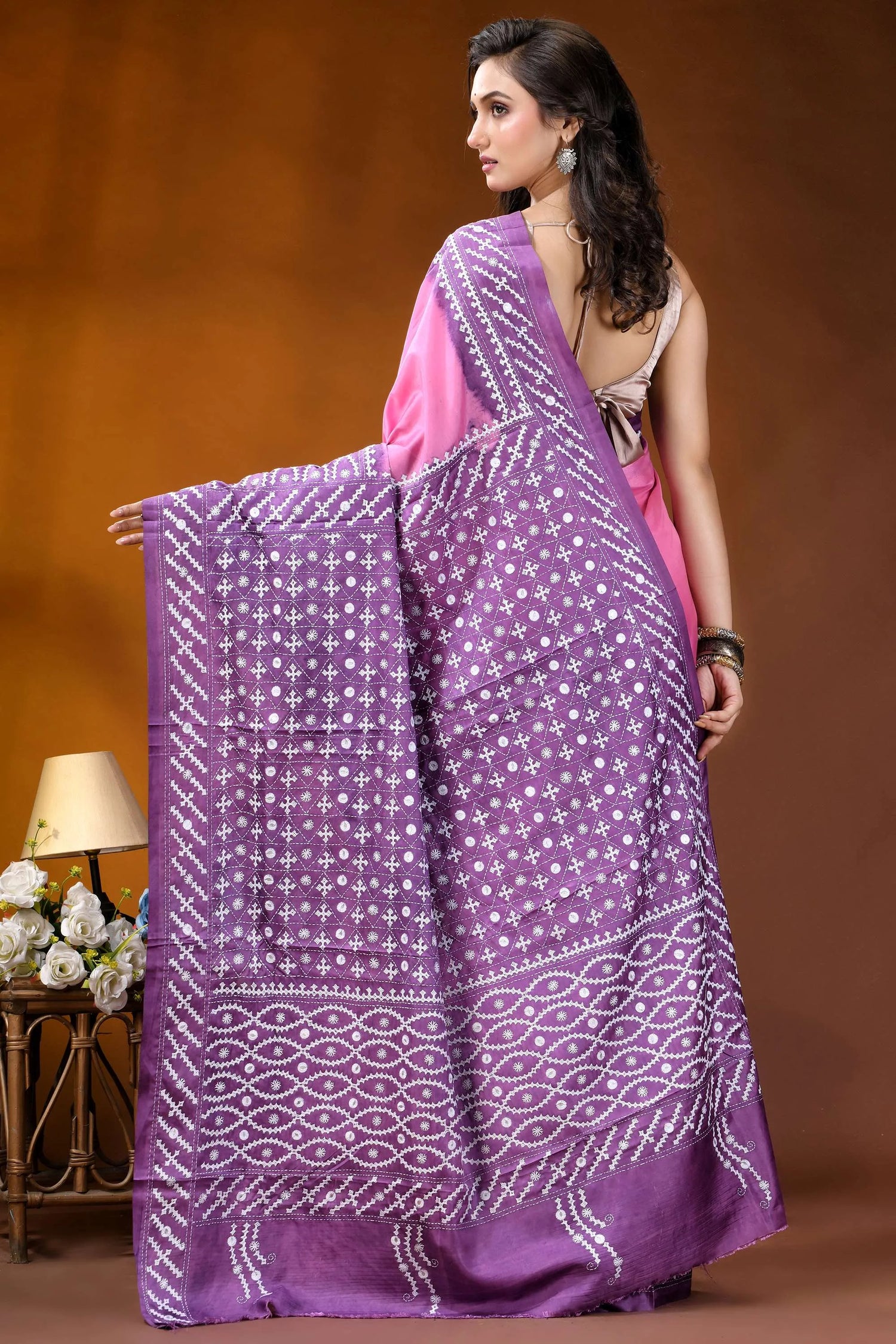 Magenta pink ethnic design kutch embroidered dyed silk saree with mirror work purple saree white geometric dot 5