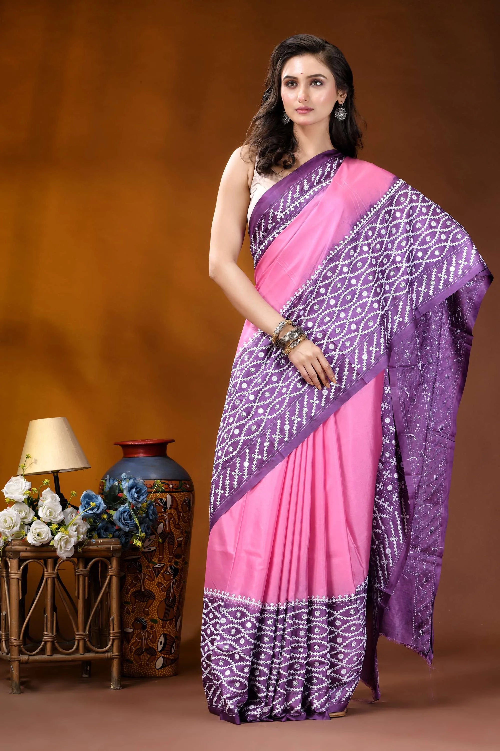 Magenta pink ethnic design kutch embroidered dyed silk saree with mirror work woman wears vibrant pink purple 4
