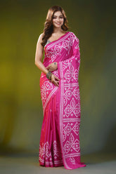 Magenta pink geometric motif handcrafted silk kutch work saree 1