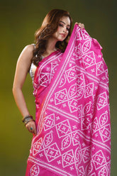 Magenta pink geometric motif handcrafted silk kutch work saree 2