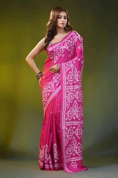 Magenta pink geometric motif handcrafted silk kutch work saree 6