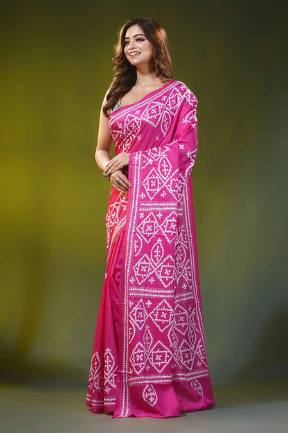 Magenta pink geometric motif handcrafted silk kutch work saree 3