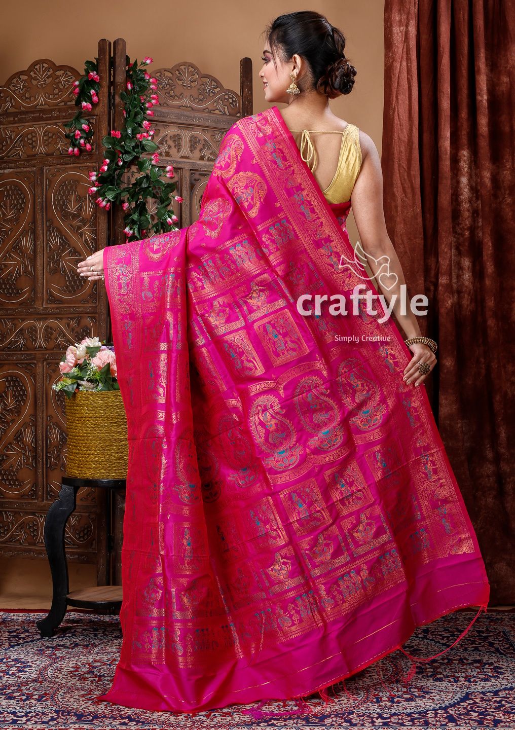 Magenta Pink Swarnachari Semi Silk Saree with Blouse Piece - Craftyle