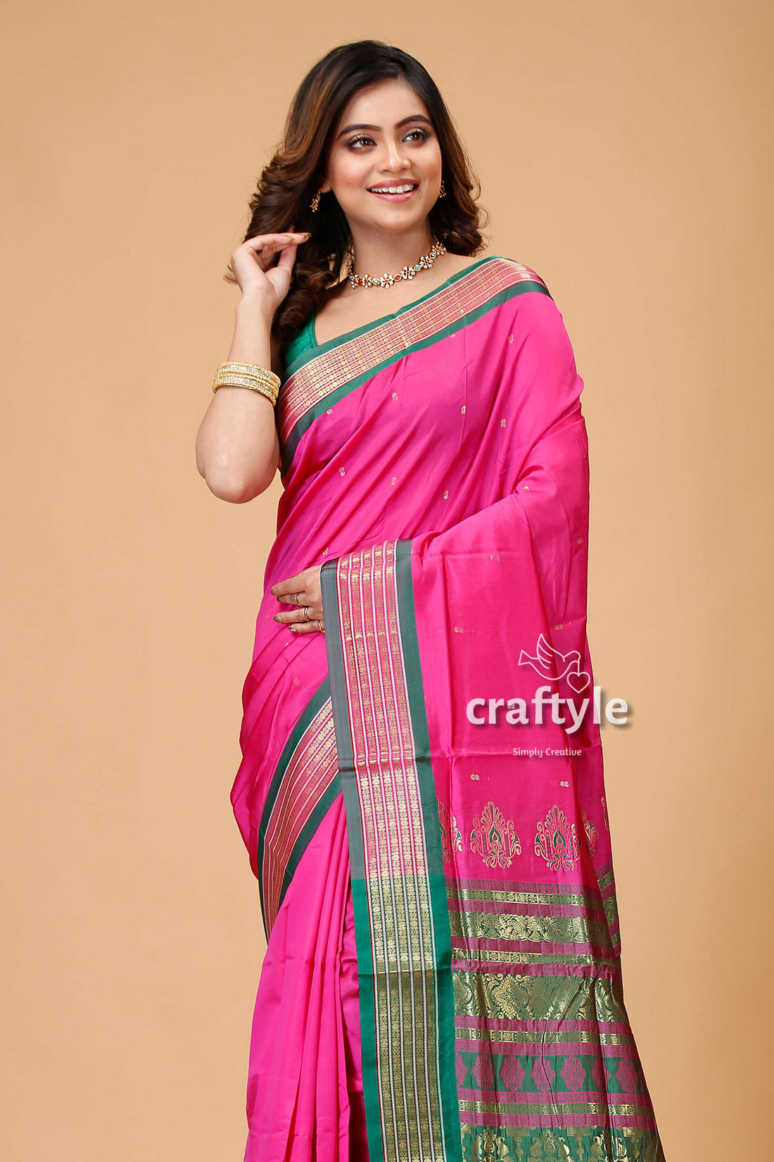 Magenta Pink Zari Border Meenakari Bomkai Silk Saree-Craftyle