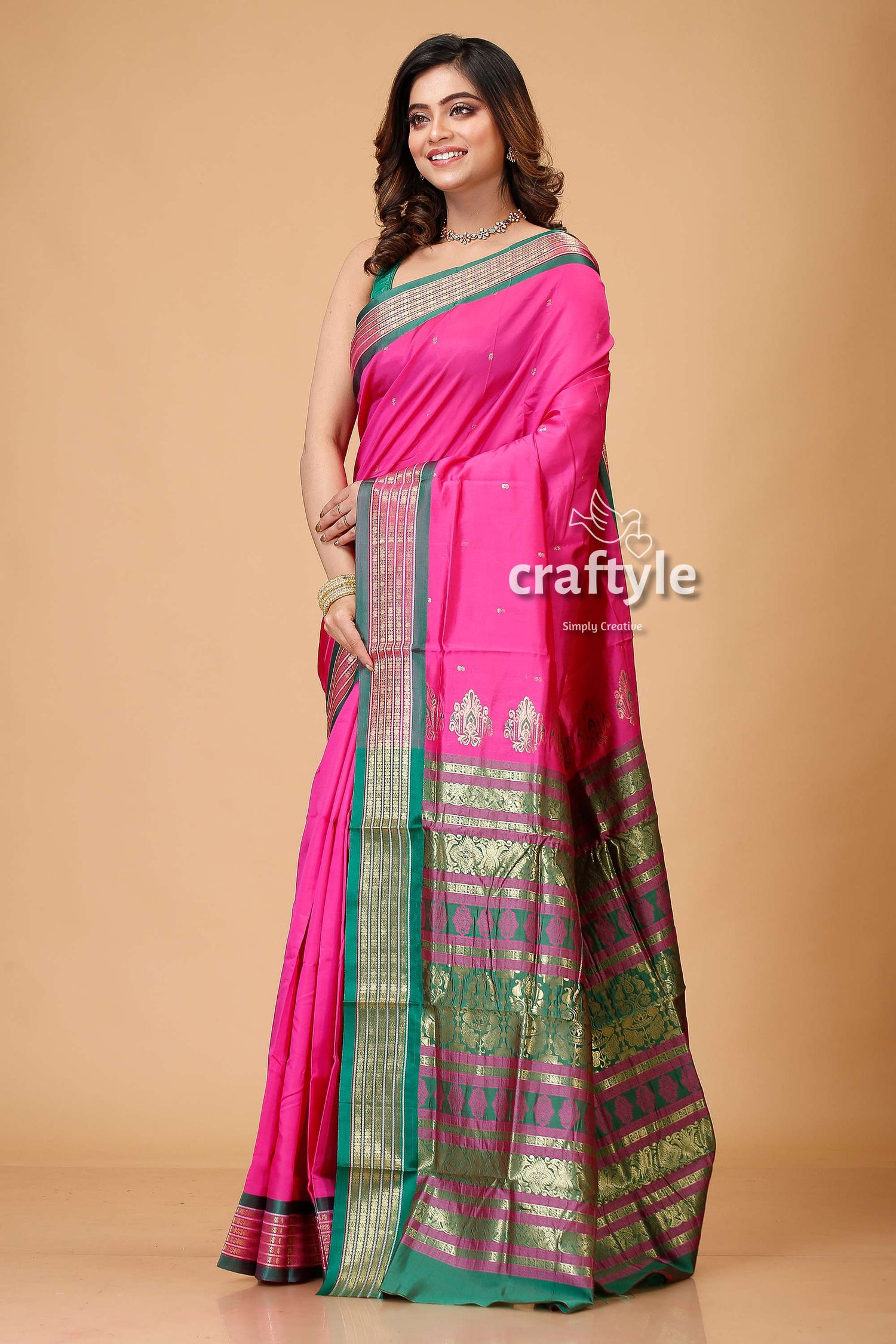 Magenta Pink Zari Border Meenakari Bomkai Silk Saree-Craftyle
