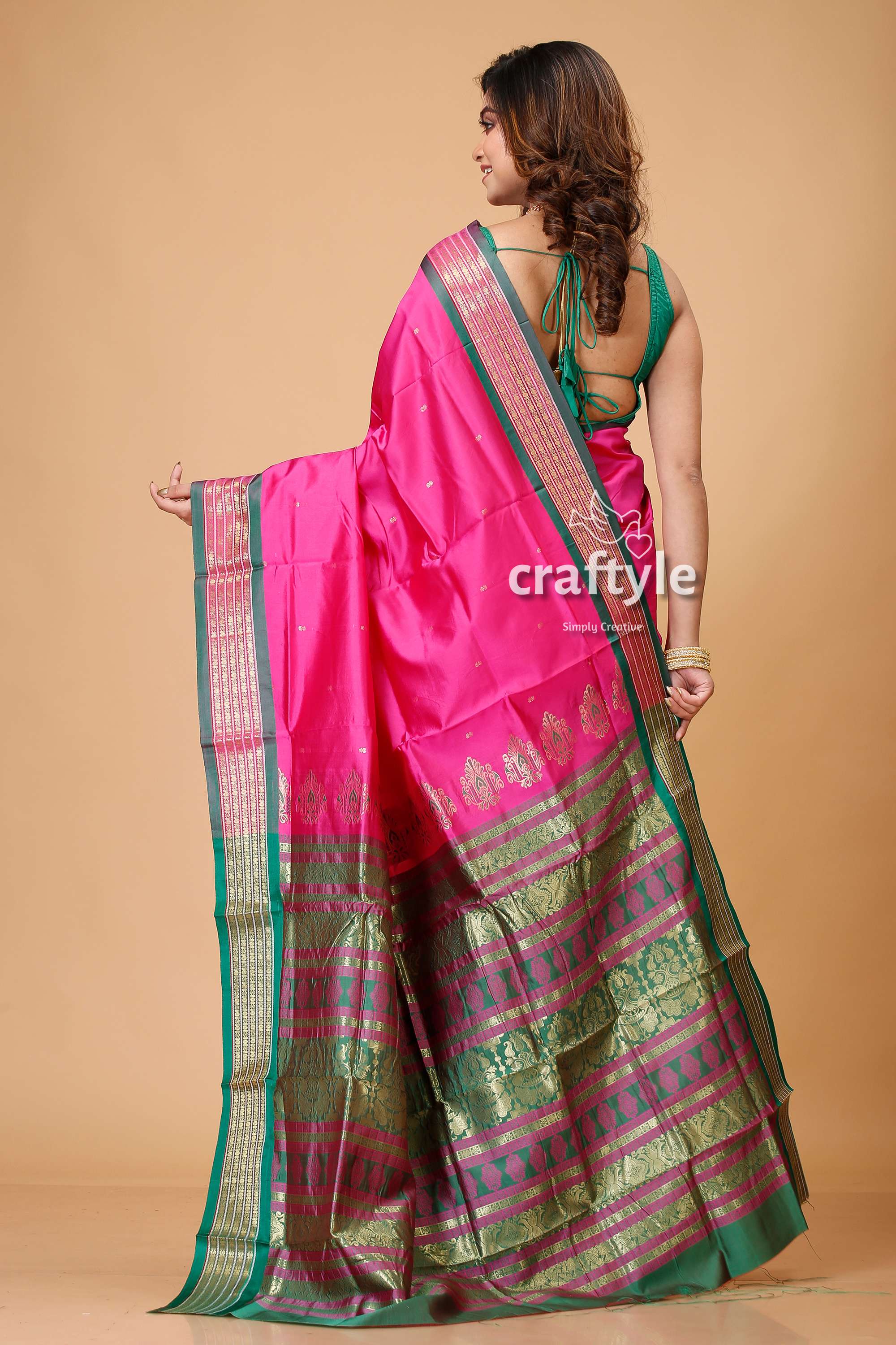 Magenta Pink Zari Border Meenakari Bomkai Silk Saree-Craftyle