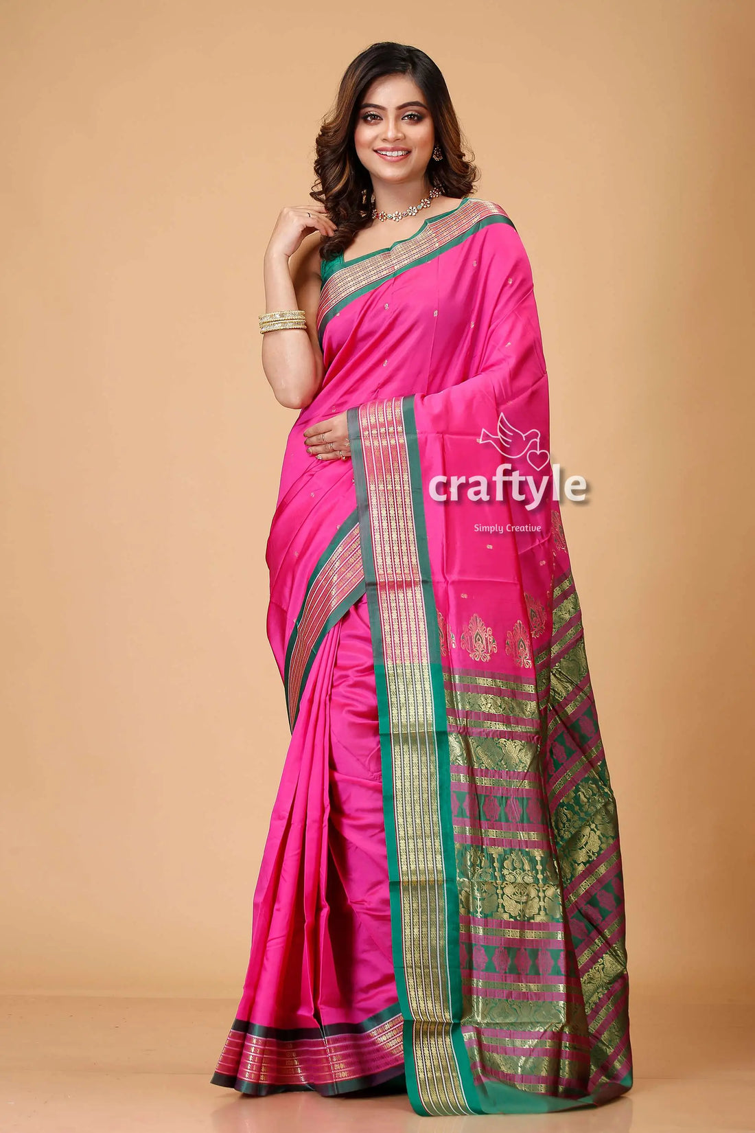 Magenta pink zari border meenakari bomkai silk saree pink silk saree green gold 1