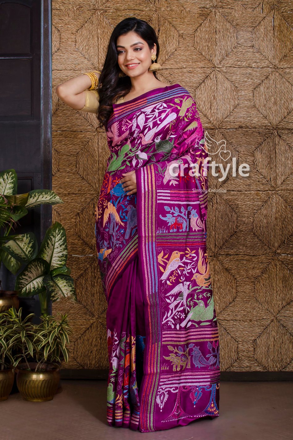 Magenta Pure Bangalore Silk Kantha Stitch Saree-Craftyle