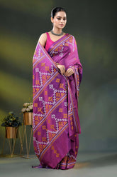 Magenta silk gujarati stitch saree with hand embroidered ethnic work 4