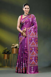 Magenta silk gujarati stitch saree with hand embroidered ethnic work 1