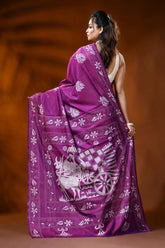 Magenta silk kantha stitch saree with bullock cart ethnic design 5