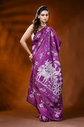 Magenta silk kantha stitch saree with bullock cart ethnic design 4