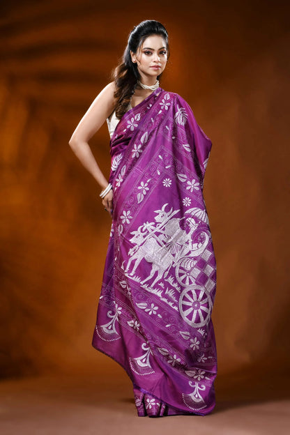 Magenta silk kantha stitch saree with bullock cart ethnic design 4