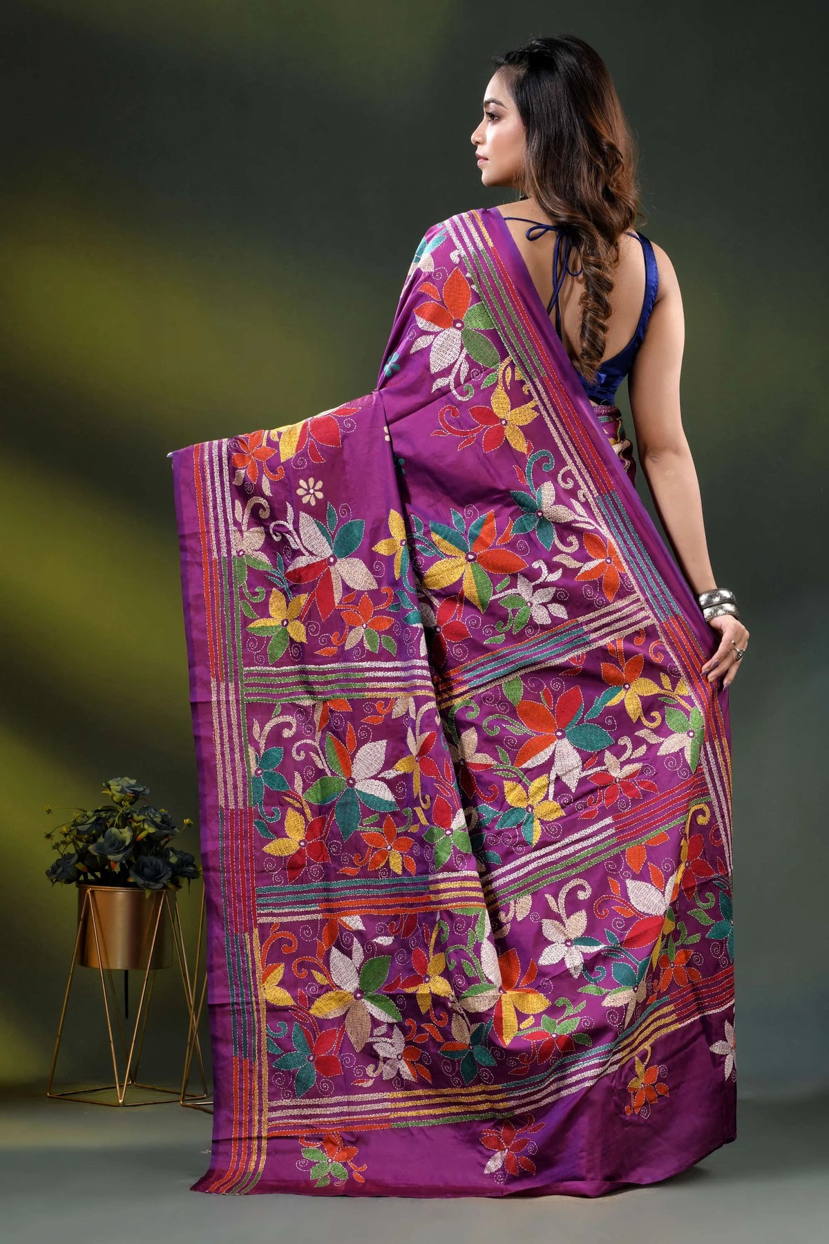 Magenta silk kantha stitch saree with multicolor floral embroidery 5