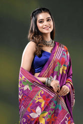 Magenta silk kantha stitch saree with multicolor floral embroidery 2