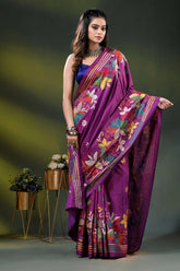 Magenta silk kantha stitch saree with multicolor floral embroidery 4