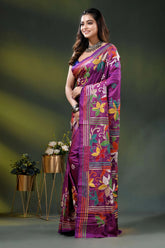 Magenta silk kantha stitch saree with multicolor floral embroidery 3