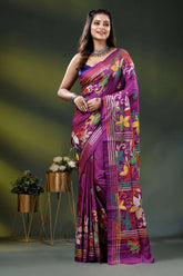 Magenta silk kantha stitch saree with multicolor floral embroidery 6