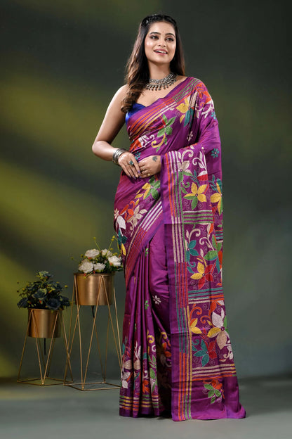 Magenta silk kantha stitch saree with multicolor floral embroidery 6