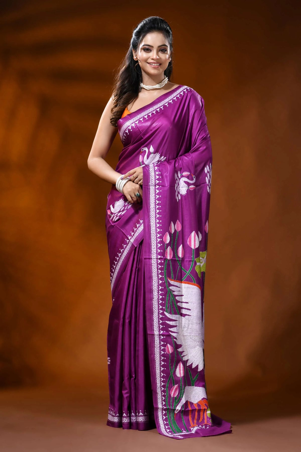 Magenta silk kantha work saree with swan lotus hand embroidery 1