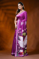 Magenta silk kantha work saree with swan lotus hand embroidery 3