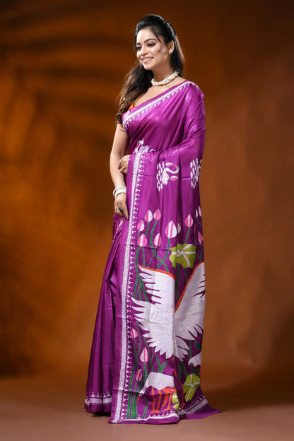 Magenta silk kantha work saree with swan lotus hand embroidery 3