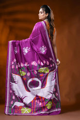 Magenta silk kantha work saree with swan lotus hand embroidery 5