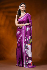 Magenta silk kantha work saree with swan lotus hand embroidery 6