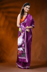 Magenta silk kantha work saree with swan lotus hand embroidery 4