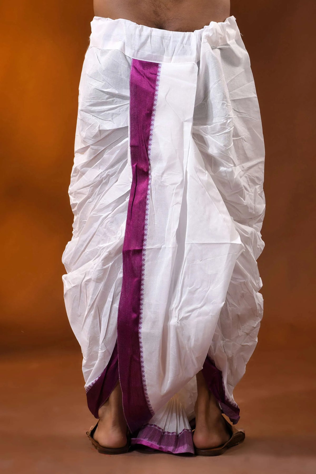 Magenta temple border mayur puchha pure cotton dhoti - ready to wear 3